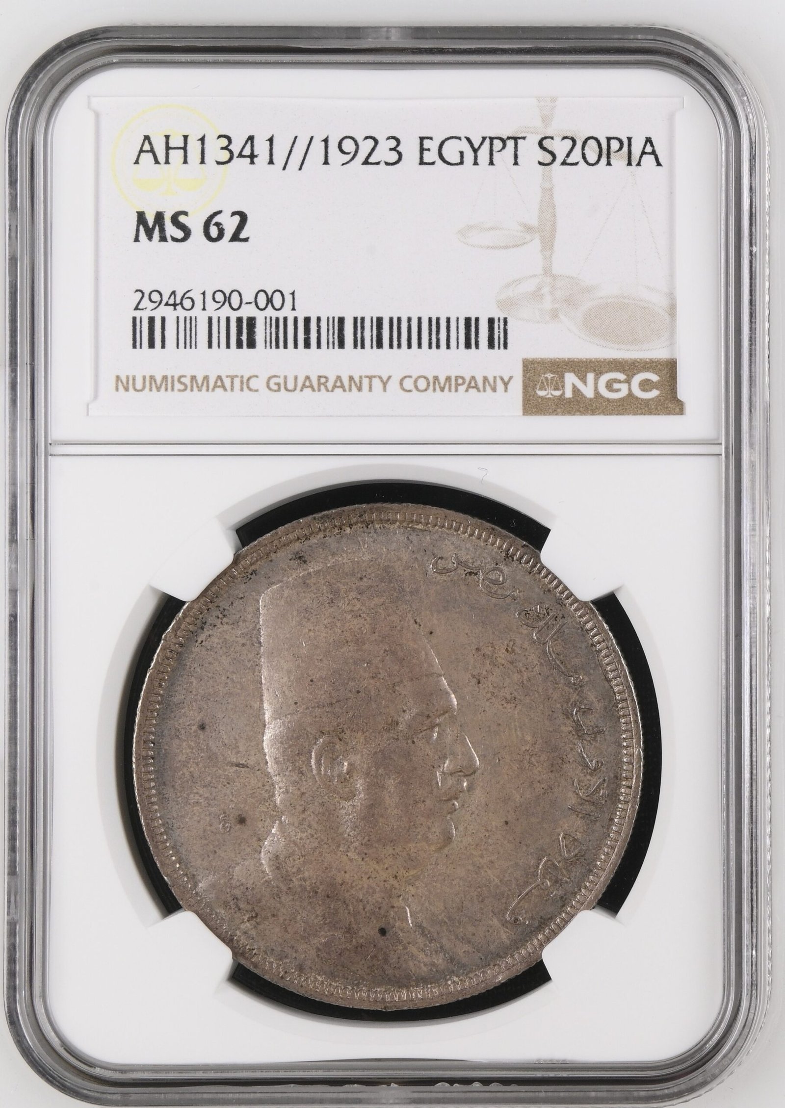 Egypt 20 Piastres Silver (1923 / AH 1341) - Fuad I - NGC MS 62