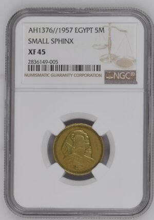 Egypt 5 Milliemes Brass (AH 1376 / 1957) - “Small Sphinx” - NGC XF 45 - Rare Type