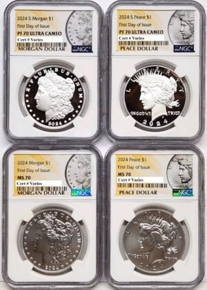 4 coin set 2024 morgan and peace silver dollars ngc ms pf 70 first day
