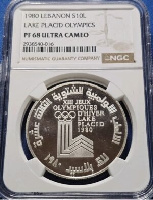 LEBANON , SILVER  10 LIVRES LAKE PLACID OLYMPICS 1980 - NGC PF 68UC