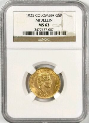 1925 COLOMBIA GOLD 5 PESOS MFDELLIN COIN NGC MS63