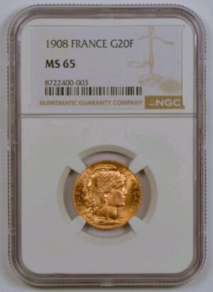 1908 France 20 Francs Rooster Gold Coin Graded Gem MS65 by NGC